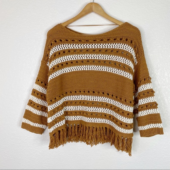 Lou & Grey for LOFT Mustard Yellow & White Open Knit Fringe Sweater - Picture 2 of 8